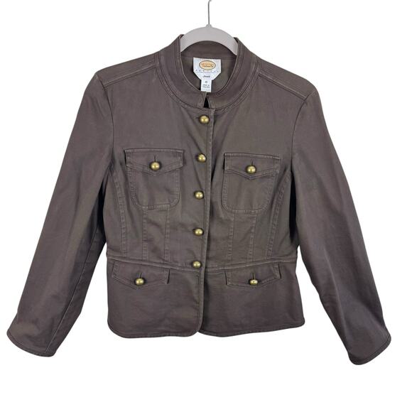 Talbots Stretch Vintage Brown Cotton Military Style Gold Button Up Jacket Sz 10P - Picture 1 of 4